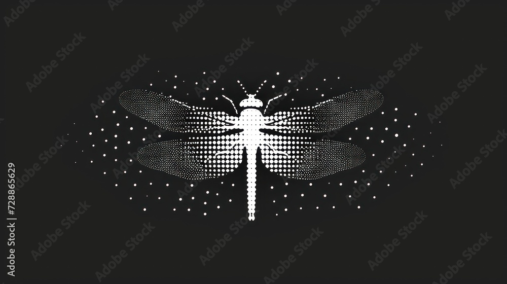 Poster a black and white image of a dragonfly on a black background with stars in the shape of a circle and