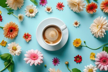 Creative breakfast with colorful flowers and coffee on blue pastel table top view for Woman day