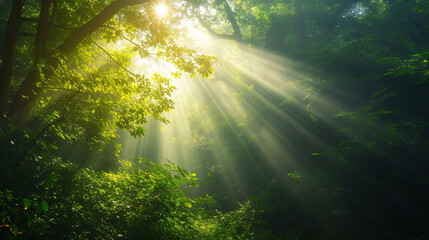 Beautiful Rays of sunlight in a green forest.