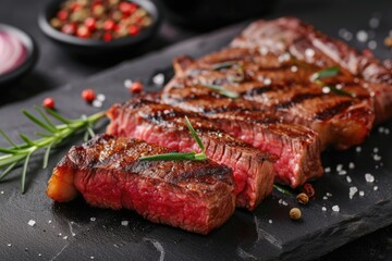 Dry aged wagyu beef steaks barbecued with herbs and black salt served close up on a black board with space for copy