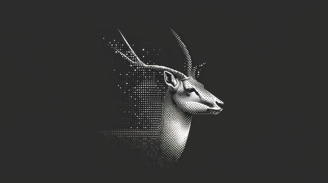  a black and white photo of a deer's head with dots in the shape of a deer's head and antlers on the side of the head.