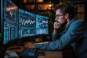 Fototapeta na wymiar Focused Trader Analyzing Stock Market Trends on Computer