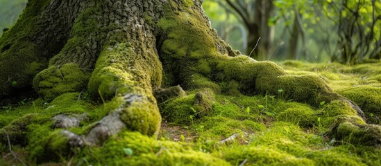 Moss-covered trunk of a tree.