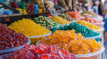 delicious gummies stand with a great variety of flavors and colors on the street with good lighting