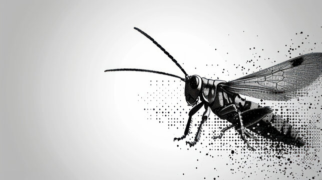 a black and white photo of a fly with dots on it's wings and wings, with a white background and a black and white image of a bug.