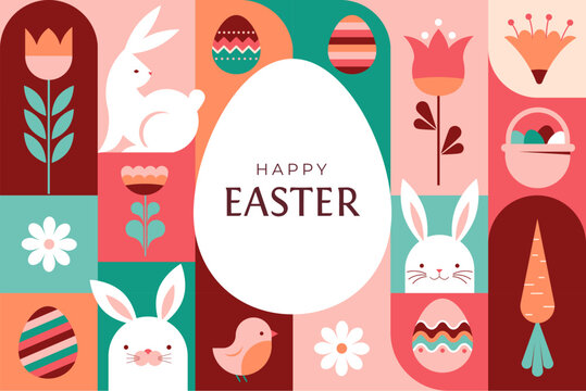 Happy Easter geometric background, Easter egg card, framed banner design