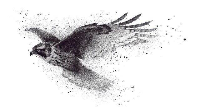  a black and white photo of a bird flying in the air with it's wings spread out and it's head is covered in tiny dots of black dots.