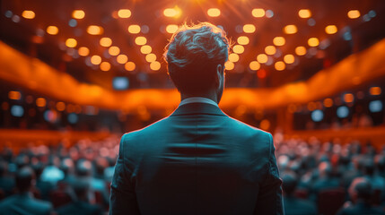 Back shot of person carefully listens while absorbing insights from the speaker in full hall