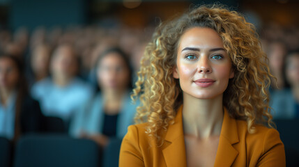 A careful lady listener at business conference reflects on speaker's thought-provoking insights