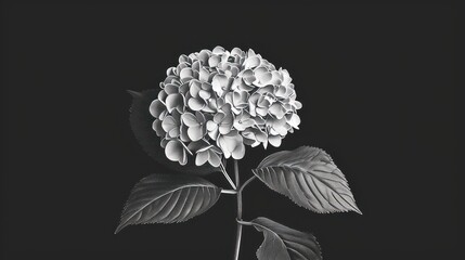  a black and white photo of a hydrangea flower on a stem with leaves on the stem and on the stem is a single stem with leaves on a black background.