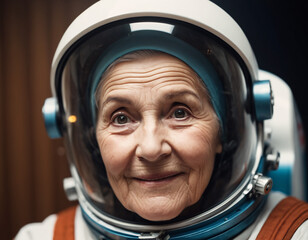 AI generated. Portrait of an elderly Caucasian woman wearing an astronaut costume. 