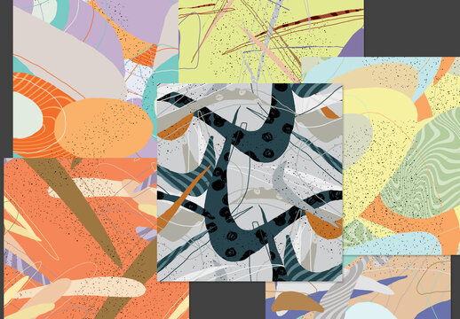 Seamless Pattern Set with Organic Grunge Textured Overlapping Oval Wavy Shapes and Lines
