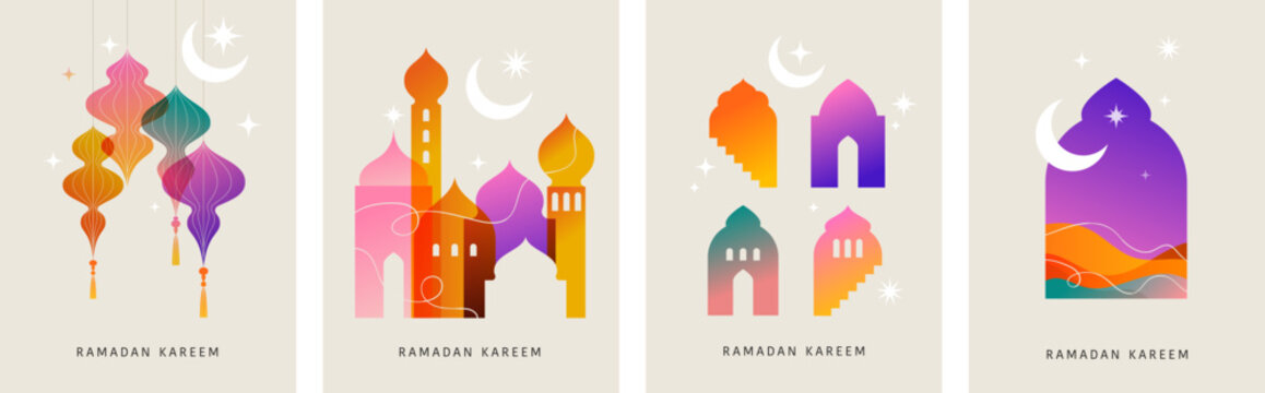 Collection of modern style Ramadan Mubarak colorful designs. Greeting cards set, backgrounds. Windows and arches with moon, mosque dome and lanterns