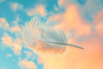 Fluffy white feather floating dreamily in a colorful sky