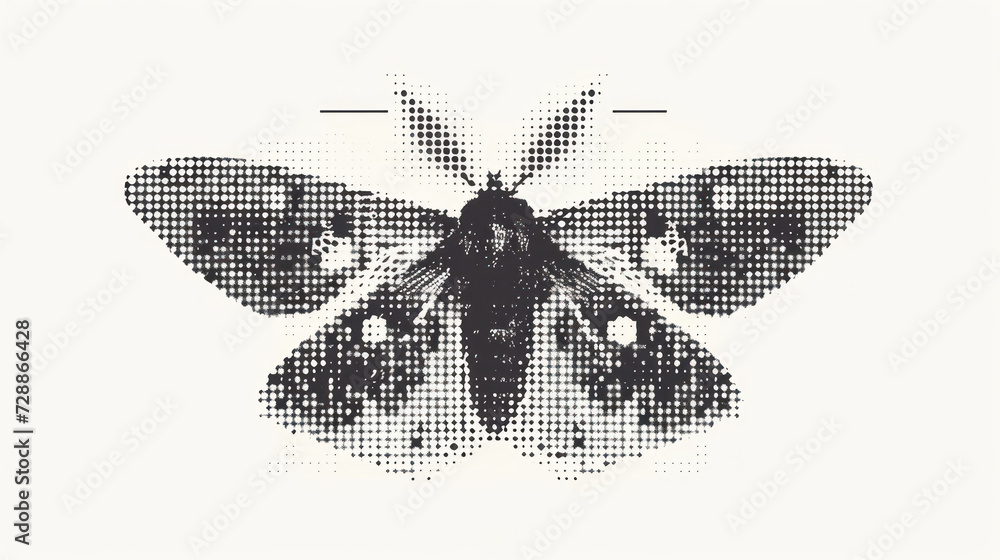 Poster a black and white picture of a moth on a white background with a black and white dot pattern on the 