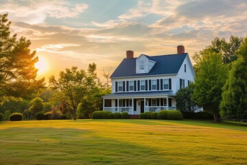 Gorgeous colonial American home during sunset - obrazy, fototapety, plakaty