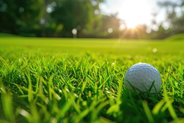 Golf ball on green grass with sunlight wide landscape background for golf concept - obrazy, fototapety, plakaty