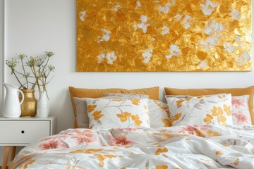Gold painting on white wall in trendy bedroom with floral bedding on cozy bed and jugs on nightstand