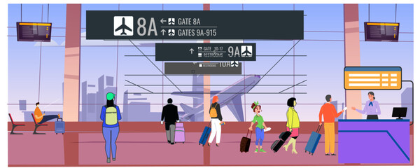 Group of passengers waiting in the airport terminal. Vector illustration.