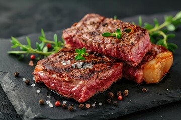 Grilled aged wagyu rib eye steaks with herbs and black salt presented on a wooden board with ample room for text