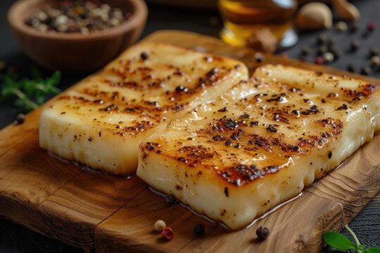 Grilled cheese on wood with syrup and pepper