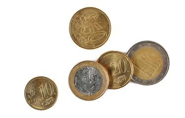 Pile euro coins isolated on white, top view
