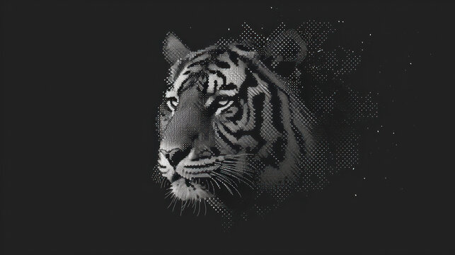  a black and white photo of a tiger's face on a black background with a white spot in the middle of the image and a white spot in the middle of the middle of the image.