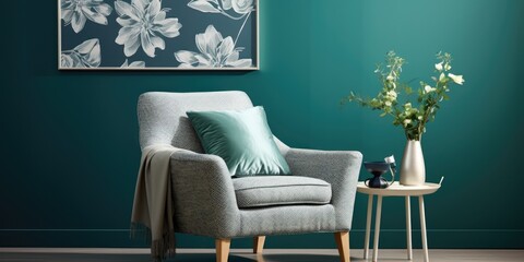 Green chair against blue wall with silver art in floral navy living room