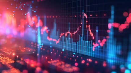 Vivid graphical representation of stock market trends with glowing data points and fluctuating graphs on a digital interface. Vibrant colors against a dark background
