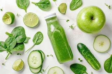 Healthy weight loss juice in a bottle made with natural and organic green vegetable smoothie ingredients like cucumber apple lime and spinach isolated on whit