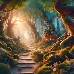 Fairy  forest background, green landscape, magical world cartoon design