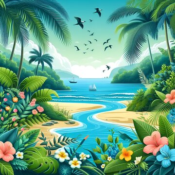 Tropical garden colorful Illustration floral drawing background postcard digital artwork, banner, website, flyer, Ads, gift, Card, booklet template