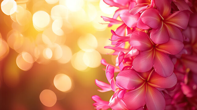 close up hawaii flowers and leaves on blurred sunset background with copy space for lei day background - AI Generated Abstract Art