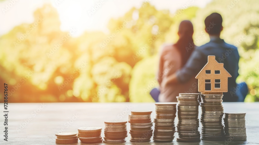Poster a man and a woman standing next to a stack of coins with a house model on top of one of them and a p