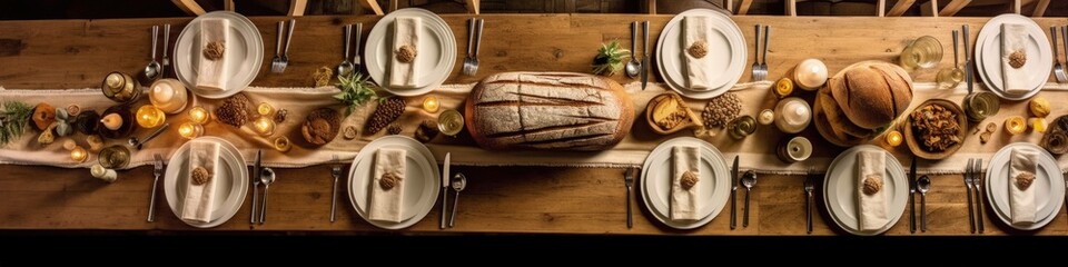 Fototapeta na wymiar a laid table with bread as the protagonist, set up for breakfast or lunch, with various side dishes and porcelain. optimized for 16:9 - HD resolution. Ai generated