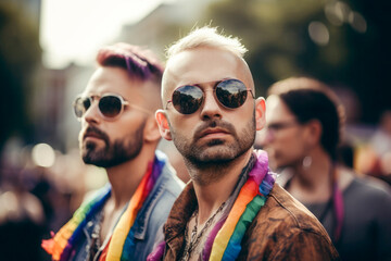 Happy 30's gay male couple on pride parade