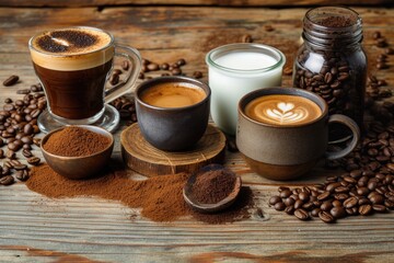 High quality photo of various coffee cups milk beans and ground coffee in a jar on a wooden background