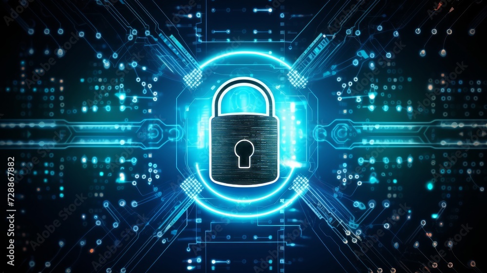 Poster lock digital background, cyber security symbol. neural network ai generated art