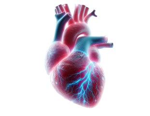 Heart Organ Technology Isolated Transparent Background. Human Heart Glowing Colorful. Artificial Heart Technology. 3D Print Heart. Future Health Industry.