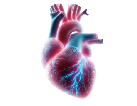 Heart Organ Technology Isolated Transparent Background. Human Heart Glowing Colorful. Artificial Heart Technology. 3D Print Heart. Future Health Industry.