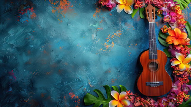 top view, flat lay ukulele, leaves and flowers with copy space for lei day background - AI Generated Abstract Art