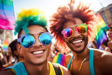 Happy 20's gay male couple on pride parade
