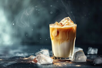 Making iced coffee with milk or cream Cold brewed coffee An iced latte with ice and milk - obrazy, fototapety, plakaty