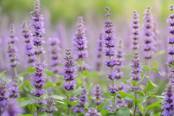 Naklejka premium Lush field of aromatic herbs sage with a close up of lilac colored clary sage blooms