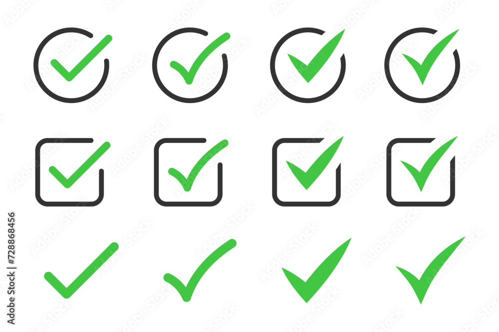 Poster check mark icon button set. check box icon with right or correct buttons and yes checkmark icons in green tick box - checkbox symbol sign. check mark box square frame. vector illustration