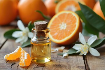 Orange essential oil on wooden background as alternative medicine - obrazy, fototapety, plakaty