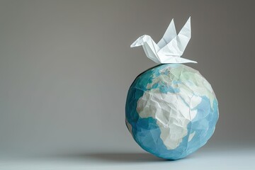 Origami peace dove on crumpled paper globe symbolizes global freedom and peace - obrazy, fototapety, plakaty