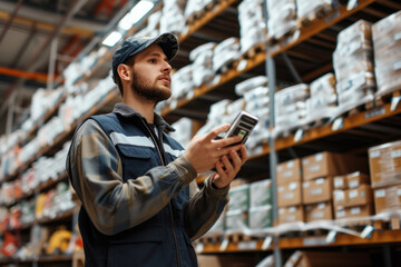 A male worker using a tablet to check or scan inventory in a well-stocked warehouse