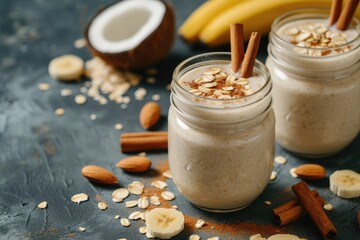 Nourishing morning meal of banana almond smoothie with cinnamon oat flakes and coconut milk in glass jars - obrazy, fototapety, plakaty