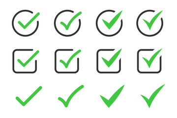 check mark icon button set. check box icon with right or correct buttons and yes checkmark icons in green tick box - checkbox symbol sign. check mark box square frame. vector illustration - obrazy, fototapety, plakaty